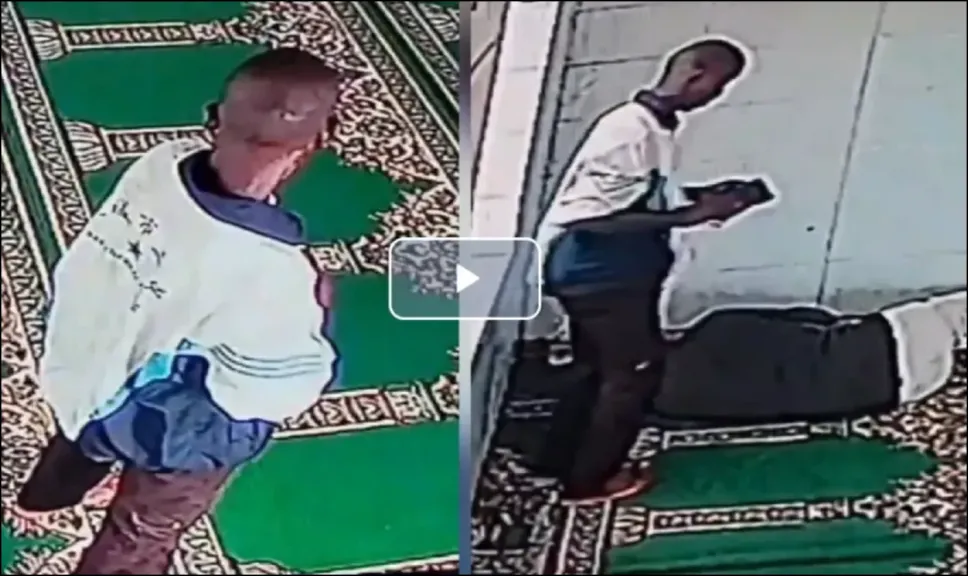 بالفيديو.. رجل يقطع صلاته لسرقة محفظة نائم داخل المسجد !!